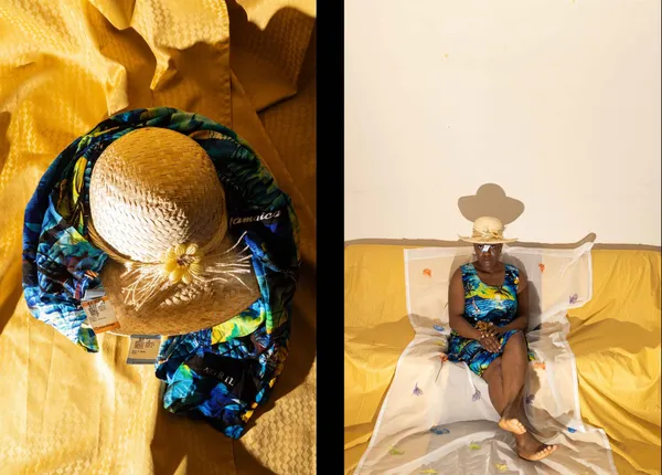 A side-by-side photo composition with black borders by Ebunoluwa Akinbo featuring a still life photo of a thrifted straw sunhat and tropical patterned dress with images of the ocean, palm trees and sunsets and a self portrait wearing the hat and dress while sitting cross-legged on a couch covered in a bright yellow thrifted curtain and sheer white curtain