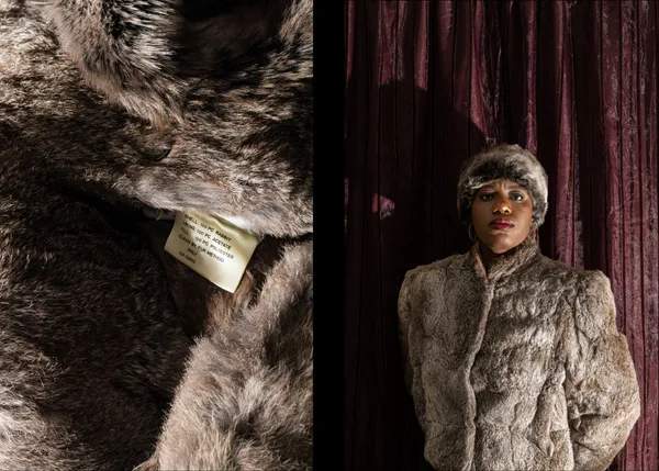 A side-by-side photo composition with black borders by Ebunoluwa Akinbo featuring a close-up still life photo of a thrifted brown rabbit fur coat and hat with a visible label and a self portrait wearing both the hat and jacket while posing in front of a striped maroon curtain