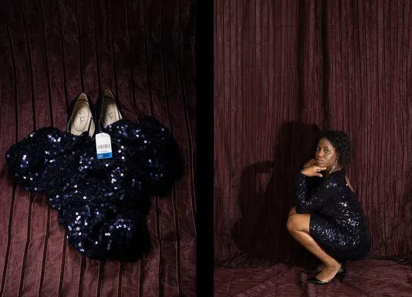 A side-by-side photo composition with black borders by Ebunoluwa Akinbo featuring a still life photo of a dark blue, thrifted sequinned dress and pair of leather heeled shoes and a self portrait wearing the dress and shoes as she crouches against a striped maroon curtain