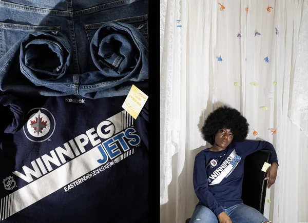 A side-by-side photo composition with rolled-up denim and a Winnipeg Jets shirt on the left, and Ebunoluwa Akinbo sitting on the right wearing the Jets shirt.