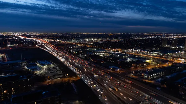 Overhead view of city in low light