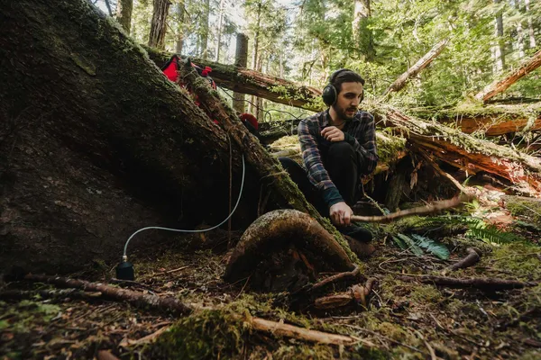 Jonathan Kawchuk records the percussive sounds of a stick drumming on the forest floor with a special microphone inserted into the ground.
